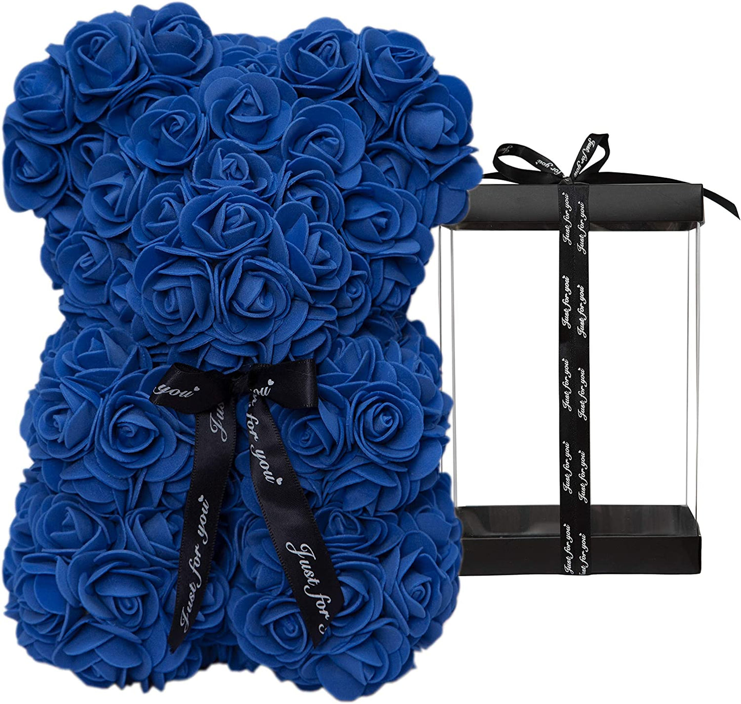 Rose Bear Rose Teddy Bear Flower Gift Black Box for Valentines Day Anniversary Mothers Day Christmas,Birthdays Bridal Showers -Fully Handmade 10 Inch Flower Bear Clear Unique Gift Box (Royal Blue)