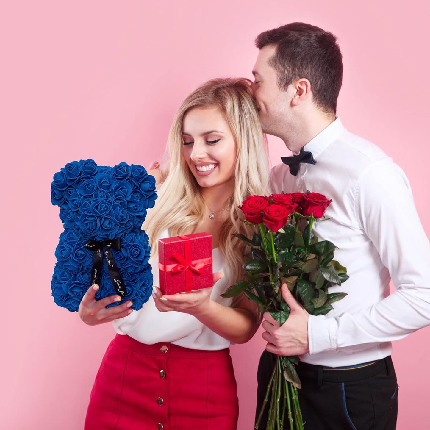 Rose Bear Rose Teddy Bear Flower Gift Black Box for Valentines Day Anniversary Mothers Day Christmas,Birthdays Bridal Showers -Fully Handmade 10 Inch Flower Bear Clear Unique Gift Box (Royal Blue)