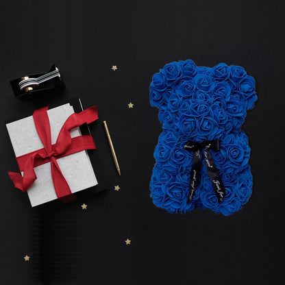 Rose Bear Rose Teddy Bear Flower Gift Black Box for Valentines Day Anniversary Mothers Day Christmas,Birthdays Bridal Showers -Fully Handmade 10 Inch Flower Bear Clear Unique Gift Box (Royal Blue)