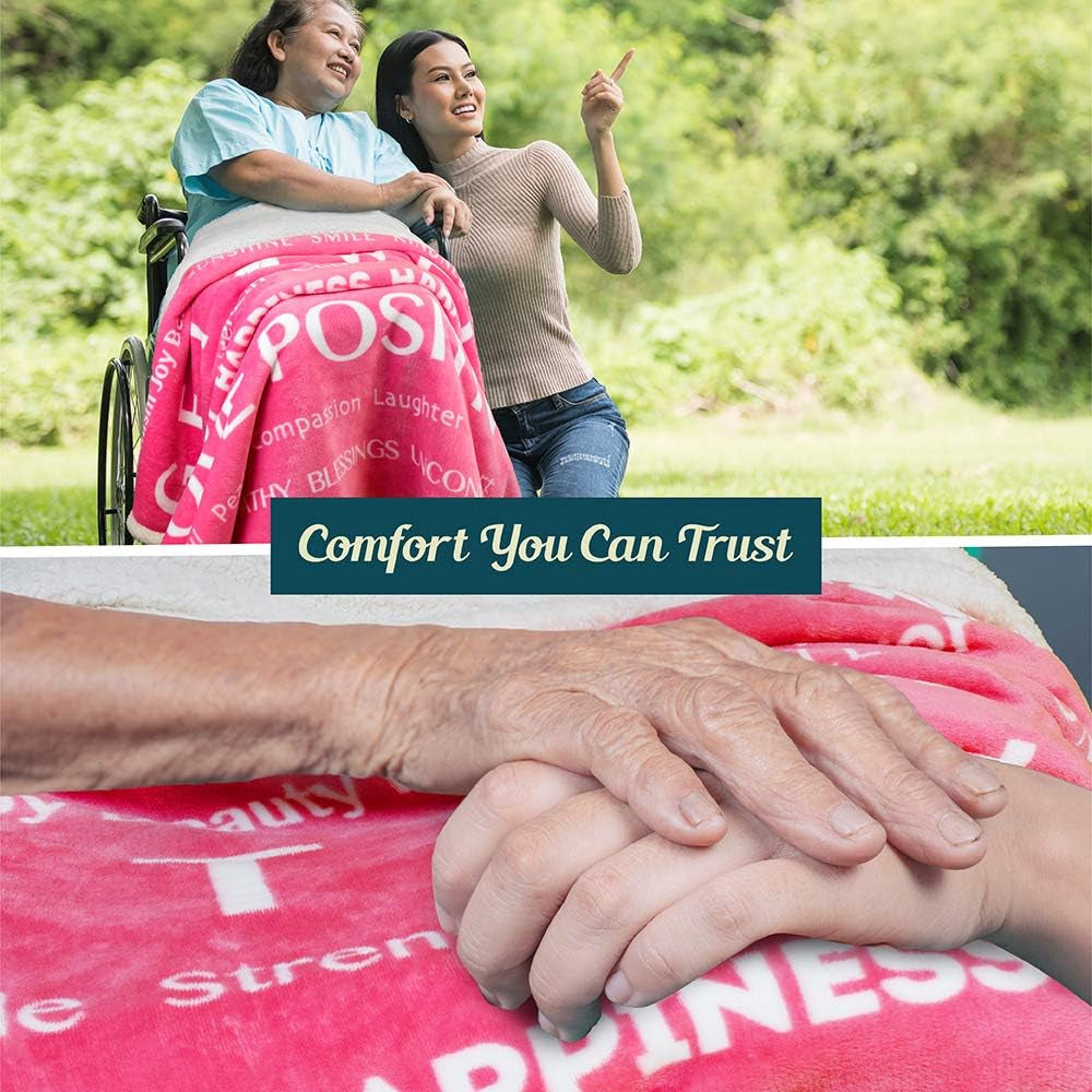 Healing Blanket, Get Well Soon Gift, Soft Hug Compassion Sherpa Throw Blanket for Women Men, Comfort Caring Inspirational Patient Blanket, Positive Thoughts Prayer Throw, Pink